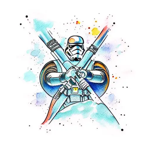 A Full Arm Cover Watercolor Modern Style Tattoo Depicting A Scene From Star Wars