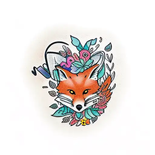 A Fox Wearing Headphones Surrounded By A Vibrant Floral Wreath