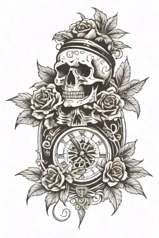 Skull And Timepiece And Roses Surrounded