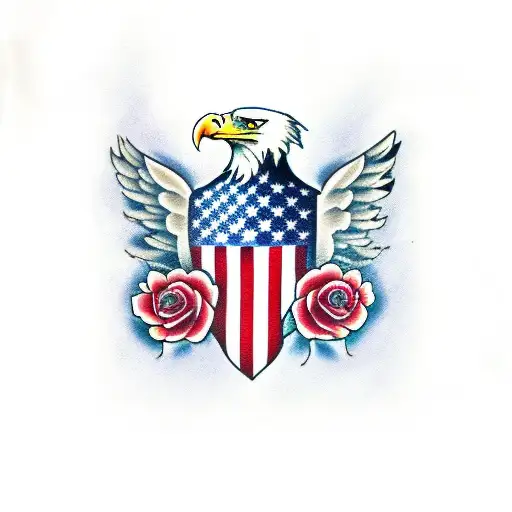 Eagle With American Flag And Roses