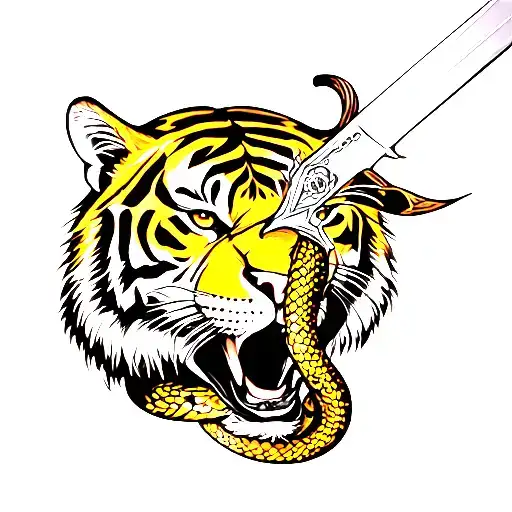 Dagger Going Through Tiger's Head With Snake Wrapped Around It