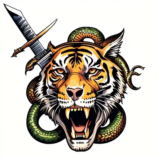 Dagger Going Through Tiger's Skull With Snake Wrapped Around It