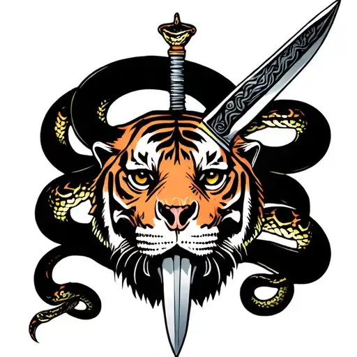 Dagger Going Through Tiger's Skull With Snake Wrapped Around It