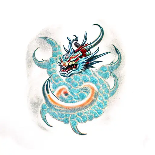 Asura With Four Arms With Weapons And Dragon Standing Behind