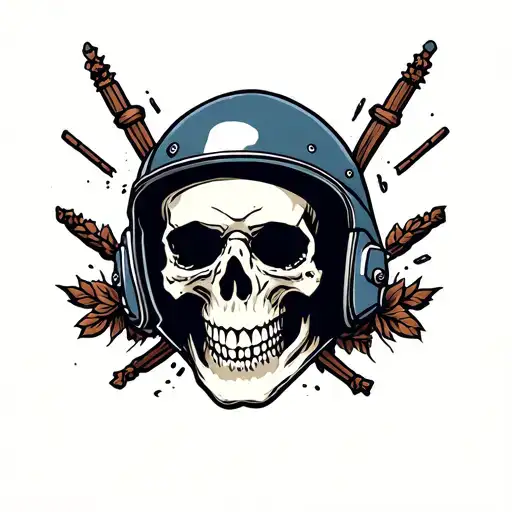 Old School Skull Tattoo Design With Biker Helmet Engulfed