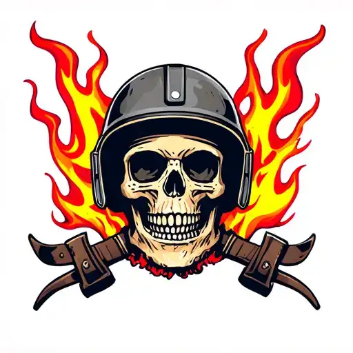 Old School Skull Tattoo Design With Biker Helmet Engulfed In Flames