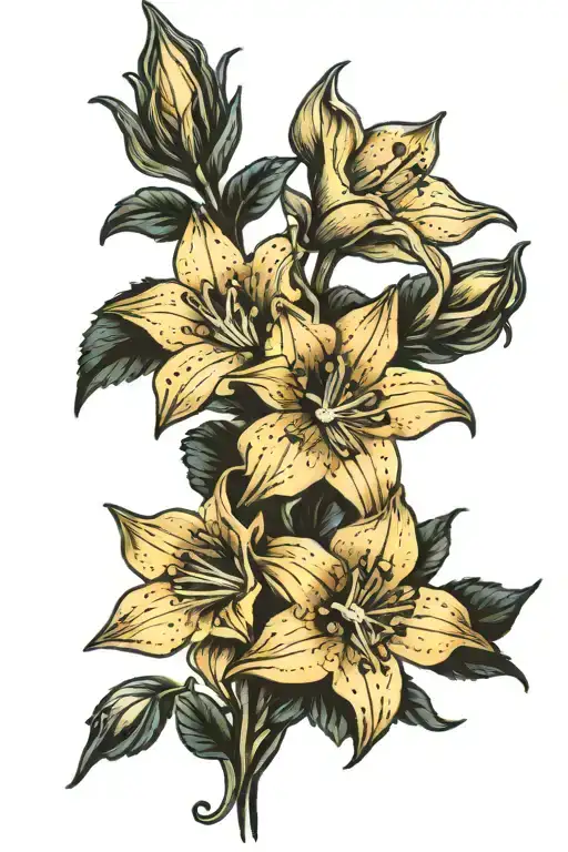 Blue Bellflower In Black And Grey With Three Buds Hanging Off The Stem