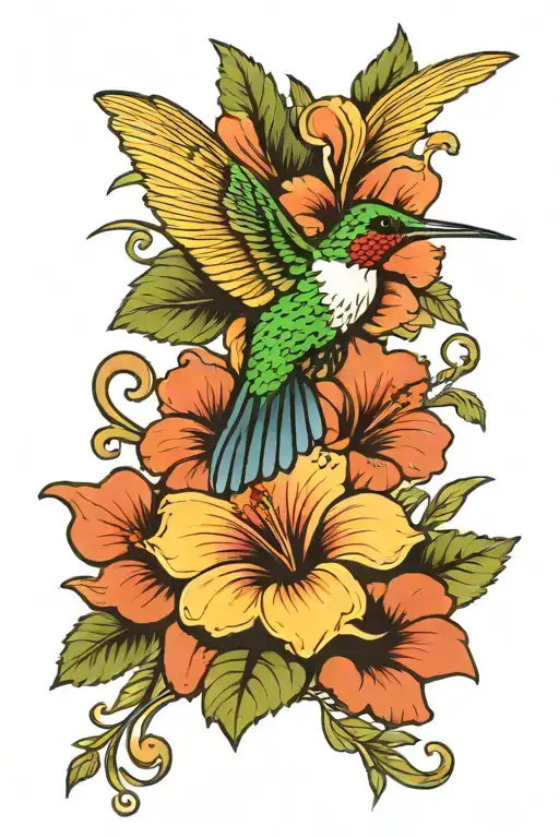 Hummingbird And Hibiscus Flower Blooming