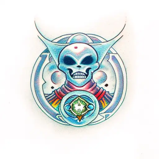 Traditional Tattoo Of An Alien Warrior Holding An Espada With Cosmic Elements
