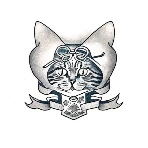 A Traditional Style Tattoo Of A Cat Holding A Film Strip And A Book