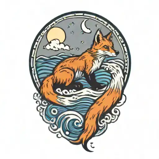 Fox Sitting With He Moon And A Wave Crashin In The Background