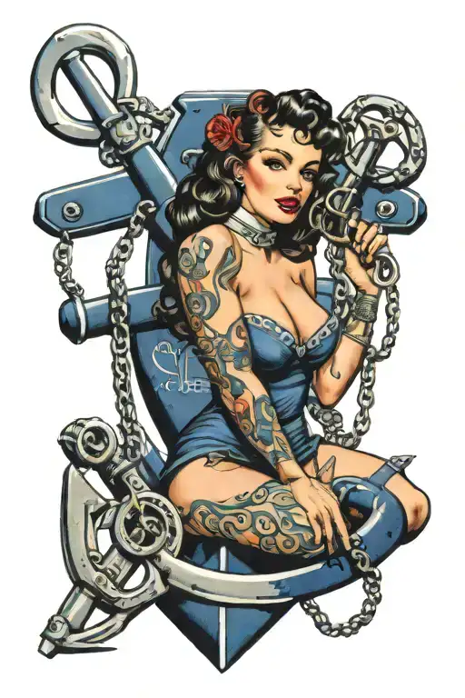 Navy Pinup Girl Sitting On An Anchor Holding A Gun And Handcuffs