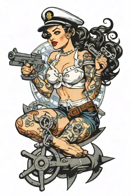 Navy Pinup Girl Sitting On An Anchor Holding A Gun And Handcuffs