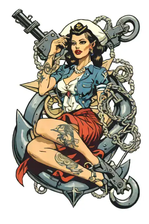 Navy Pinup Girl Sitting On An Anchor Holding A Gun And Handcuffs