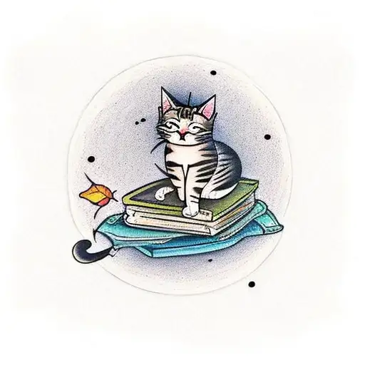A Traditional Tattoo Design Of A Cat Sleeping On A Pile Of Books Under A Full Moon