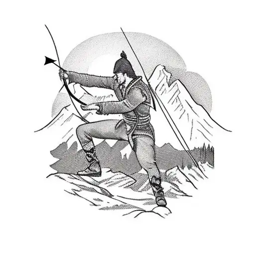 A Silhouette Of A Hunter In The Mountains With A Bow And Arrow