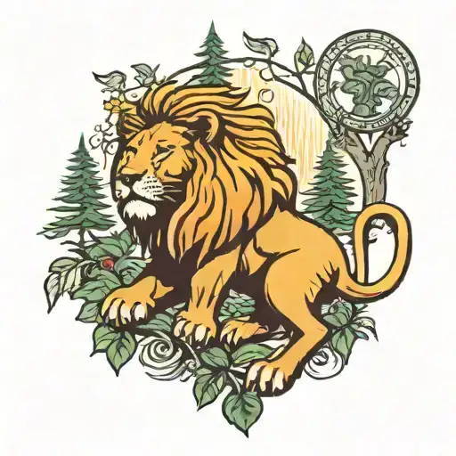 A Traditional Lion Surrounded By A Dense Forest Landscape