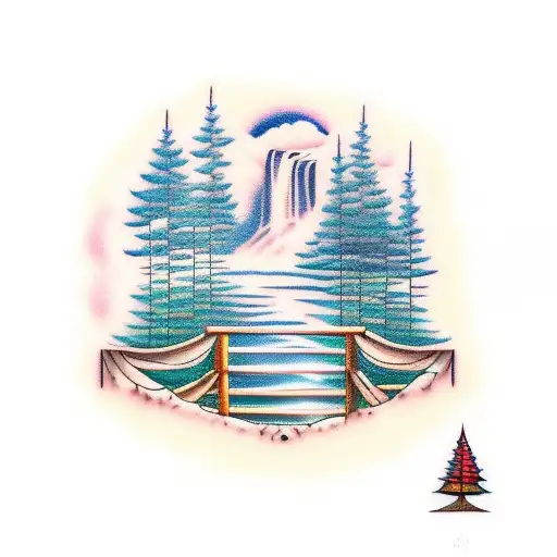 A Traditional Style Mirror Reflecting A Serene Waterfall Surrounded By Nature