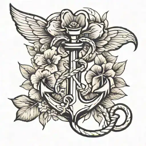 Navy Anchor With Dragonfly And Pansy Flowers