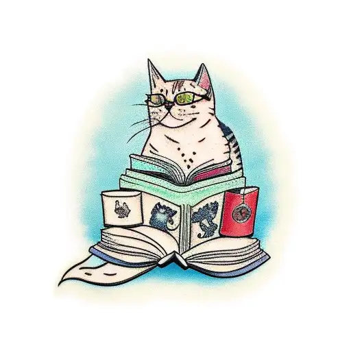 A Tattoo Of A Cat Reading A Book On A Beach