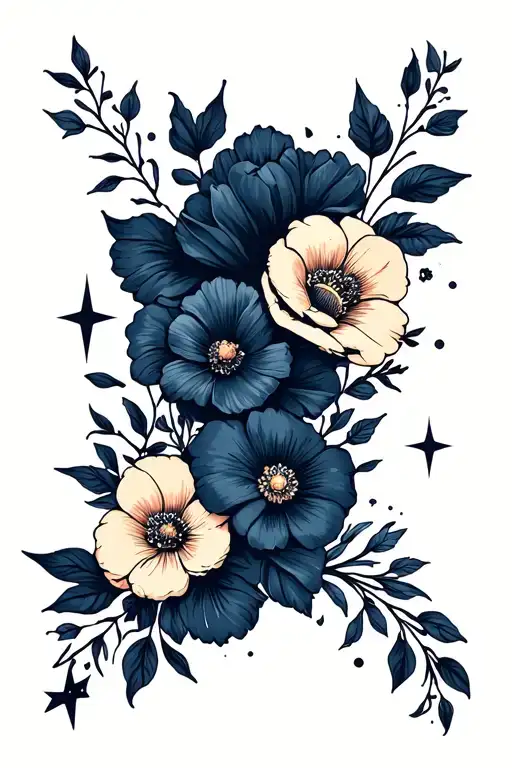 Dark Feminine Floral Sleeve Stars In Between Flowers