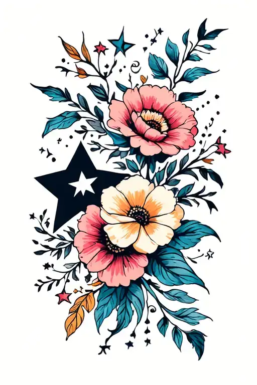 Dark Feminine Floral Sleeve Stars In Between Flowers