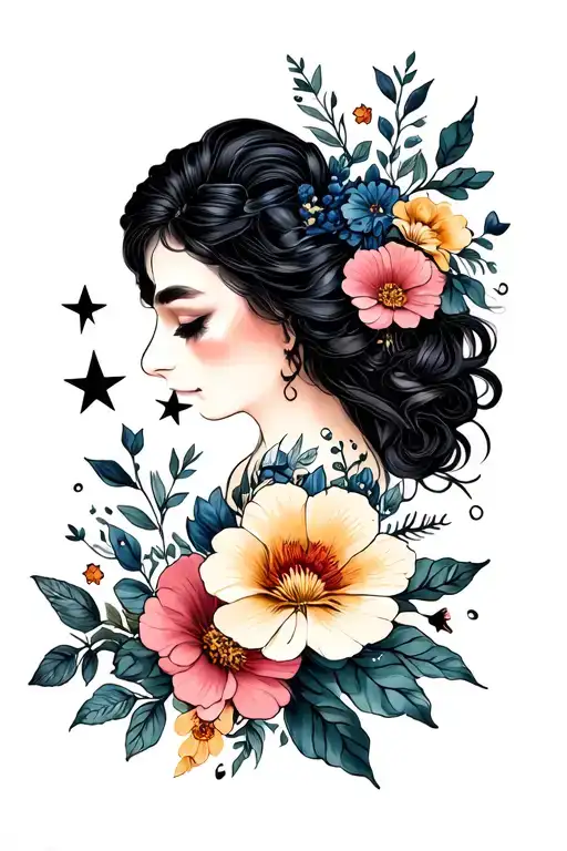 Dark Feminine Floral Sleeve Small Stars In Between Flowers