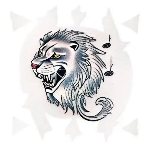 A Traditional Style Tattoo Of A Roaring Lion Surrounded By Musical Notes And Instruments
