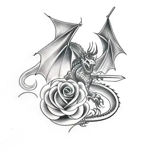 A Sword On The Back With A Rose And A Dragon That Ends Om The Chest
