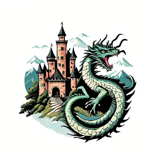 Dragon On A Castle With Hills And Mountains Behind