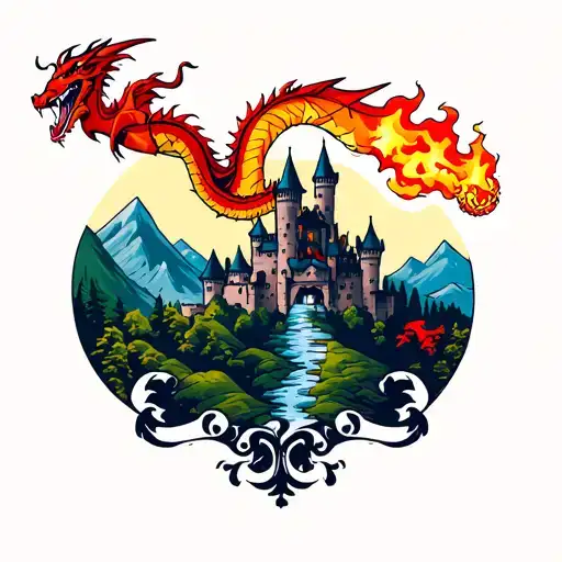 An English Dragon Blowing Fire On A Castle With Hills And Mountains Behind