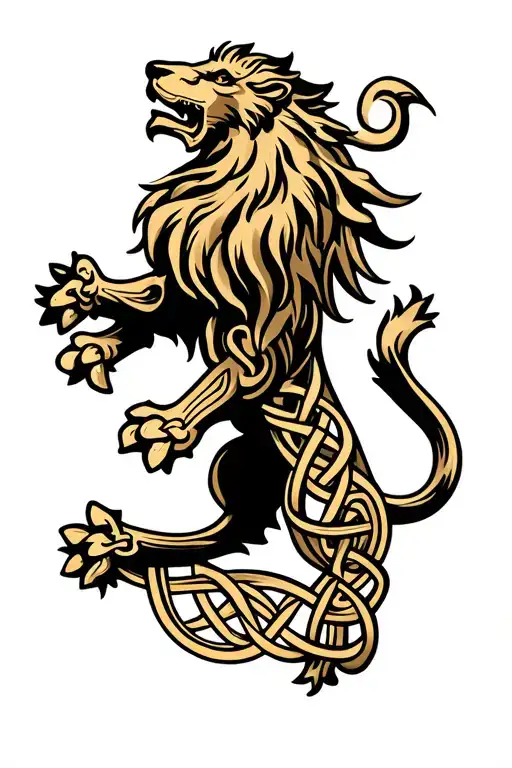 Lion Rampant With Interwoven Celtic Knots Weaving