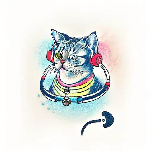 A Traditional Style Tattoo Of A Cat Wearing A Headset And Surrounded By Electronic Music Symbols