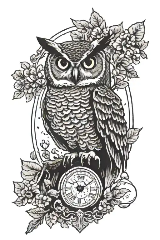 Great Horned Owl And Hour Glass With Trees Growing