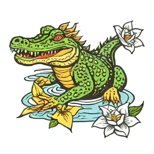 Crocodile Swimming Through Lily