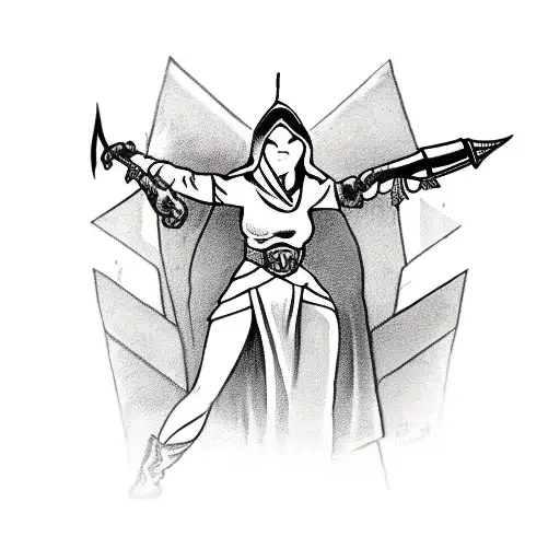 Assassin Woman With Hood On Holds A Dagger Wwith Heart On It