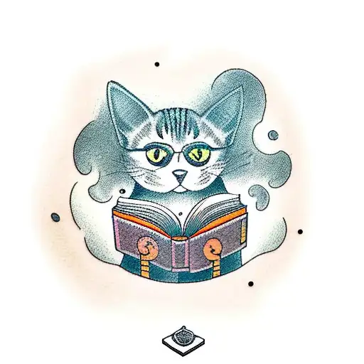 A Blackwork Tattoo Of A Cat Reading A Book With A Thought Bubble Filled With Educational Symbols