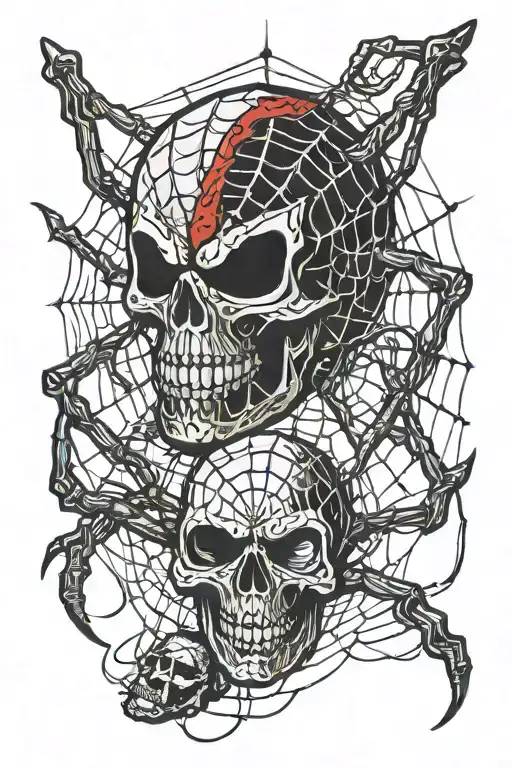 Spider Hanging From Web Over Scull Red And Black