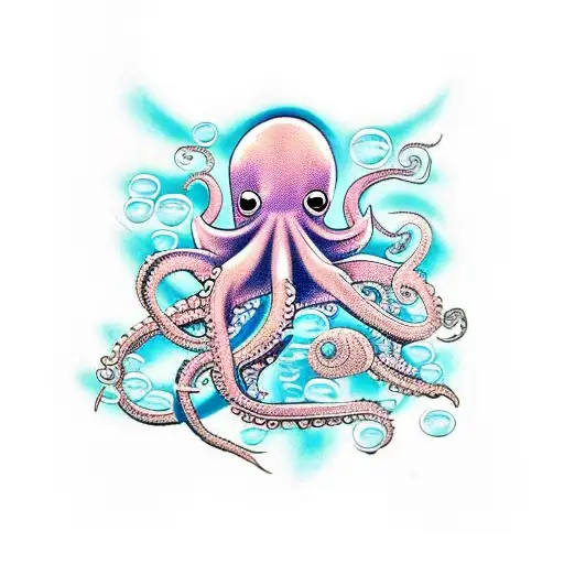 Traditional Style Tattoo Of An Octopus With Dive Flags And Bubbles In The Background