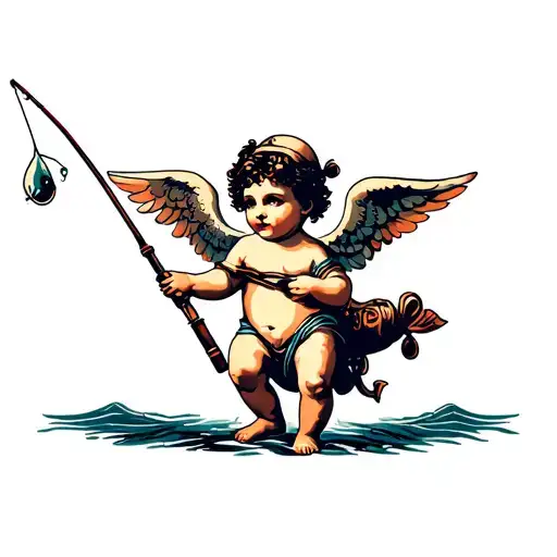 Cherub Holding Fishing Rod
