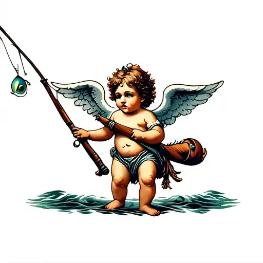 Cherub Holding Fishing Pole