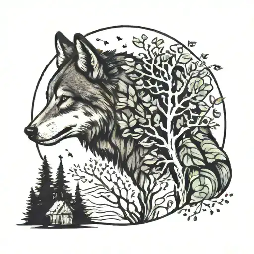 Wolf And Nature Elements Like Trees Mandela Style Mixed