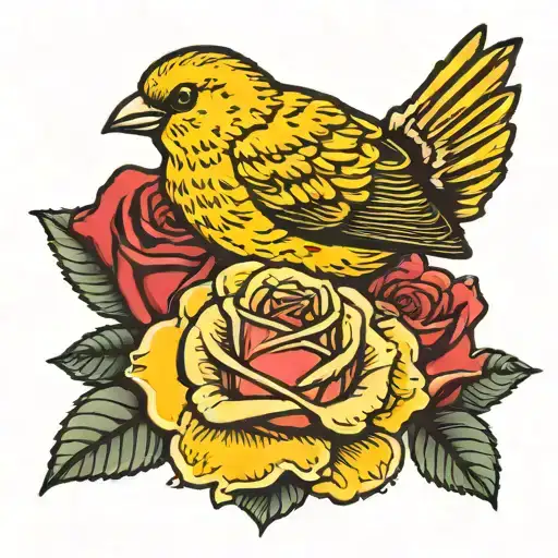 Canary Holding A Rose In Beak