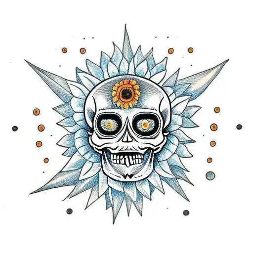 Skull With Sunflowers And Roses With The Sun And Moon And Stars In The Background
