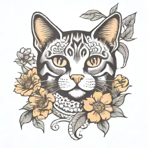 Cat With Cempasuchil Flowers