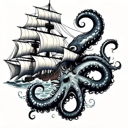 Kraken Attacking Ship Sailing Through Stormy