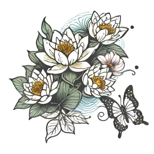 Water Lily And Butterflies Fluttering