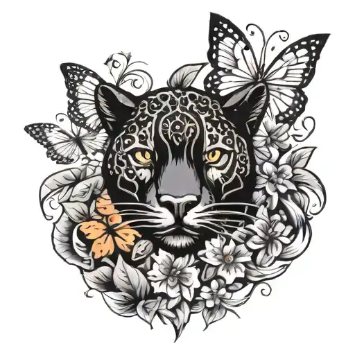 A Traditional Style Tattoo Of A Black Panther Surrounded By Butterflies