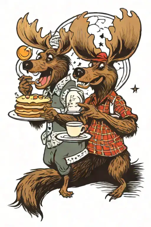 Moose And Beaver Are Enjoying Pancakes With Maple Syrup Under The Moon