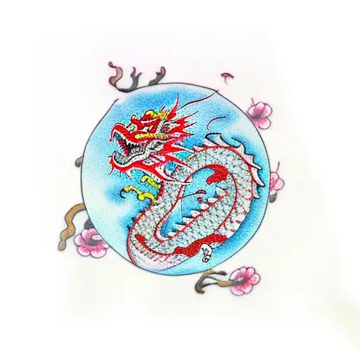 Chinese Dragon With Square And Cherry Blossom Tree